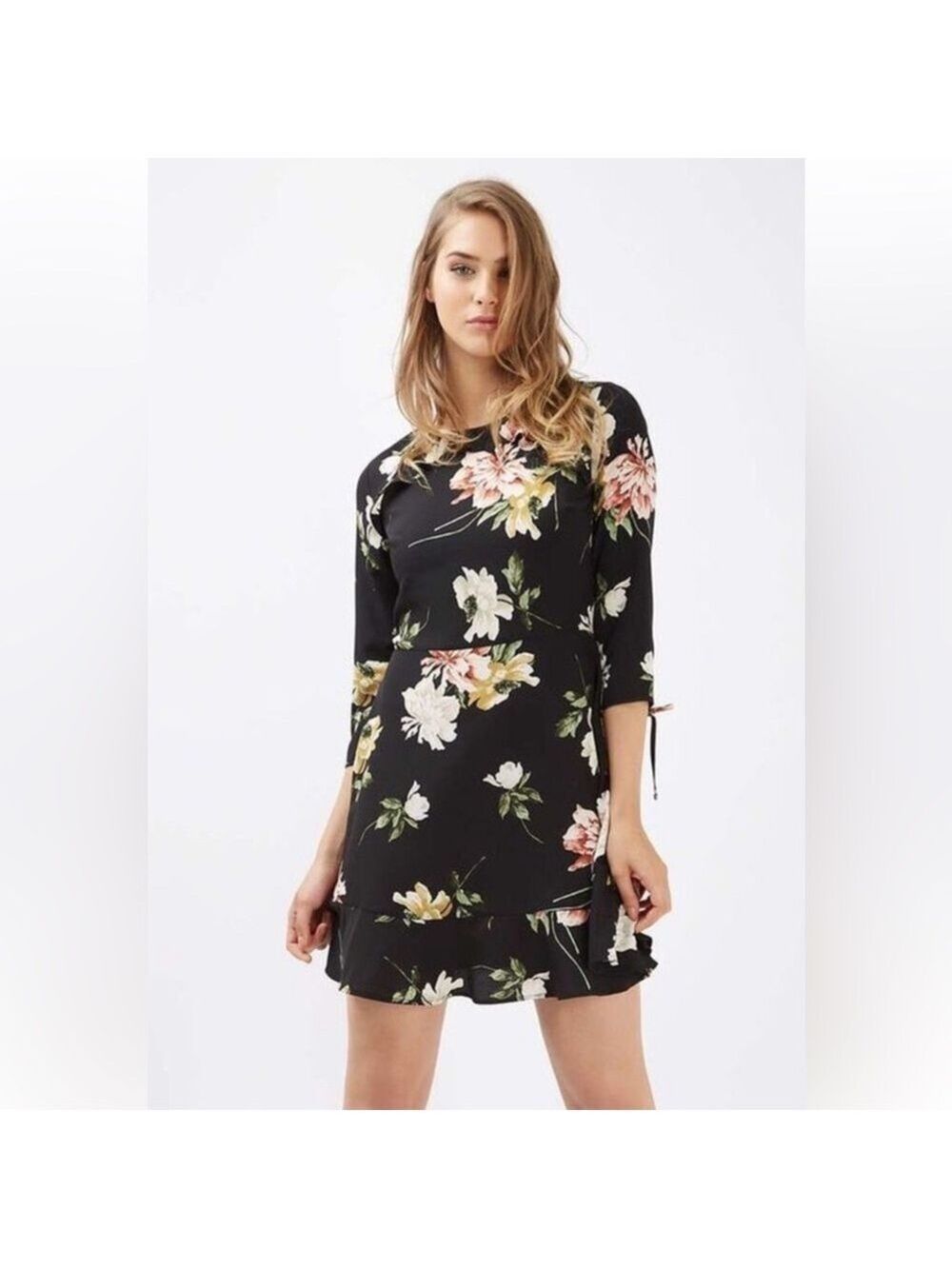 Topshop Floral Black Open Back Dress Size 4 Petite